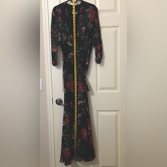Black Red Dark Floral Chiffon 3/4 Long Sleeve Maxi Dress 6 - Picture 12 of 16